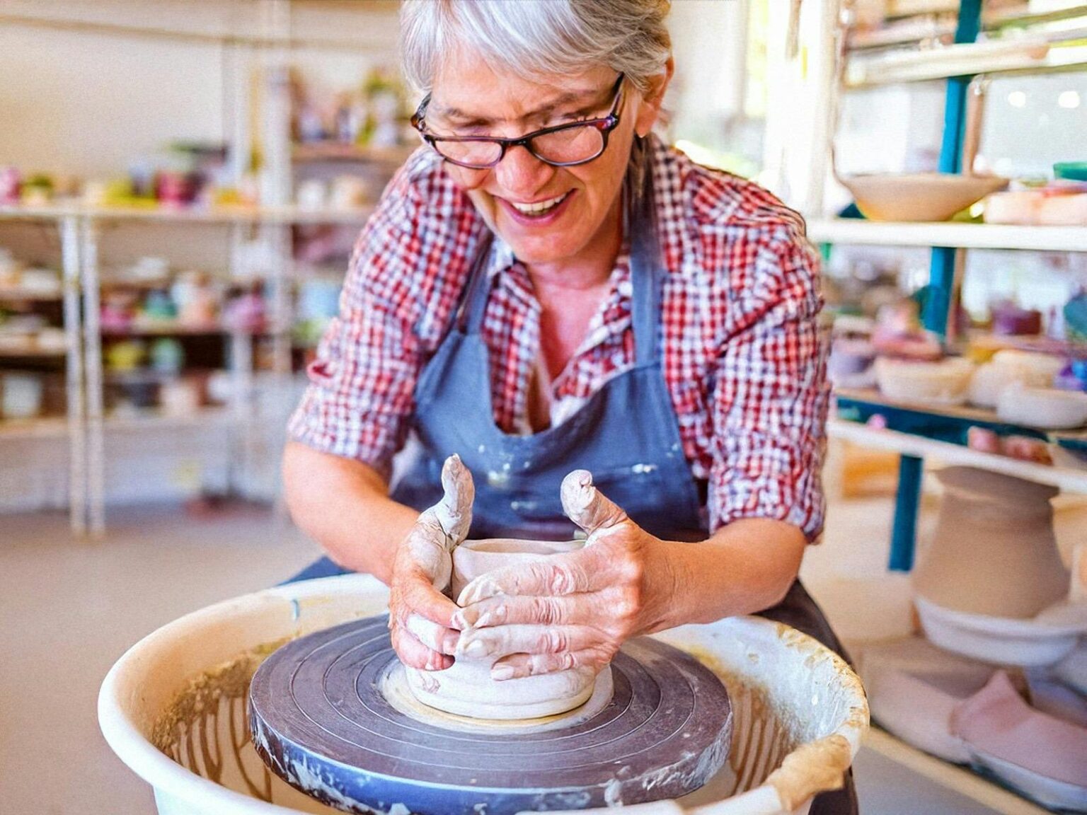 Image of an elderly woman making pottery at a pottery wheel Image of a woman in a red and blue patterned shirt