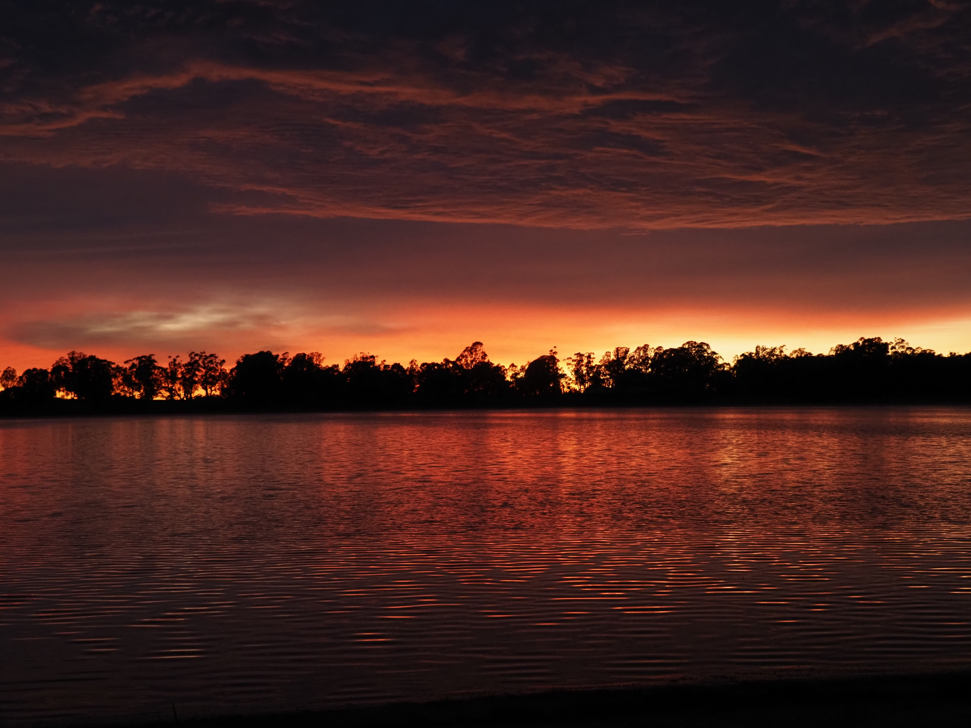 Photo of sunset over a lake with trees reflected on the surface