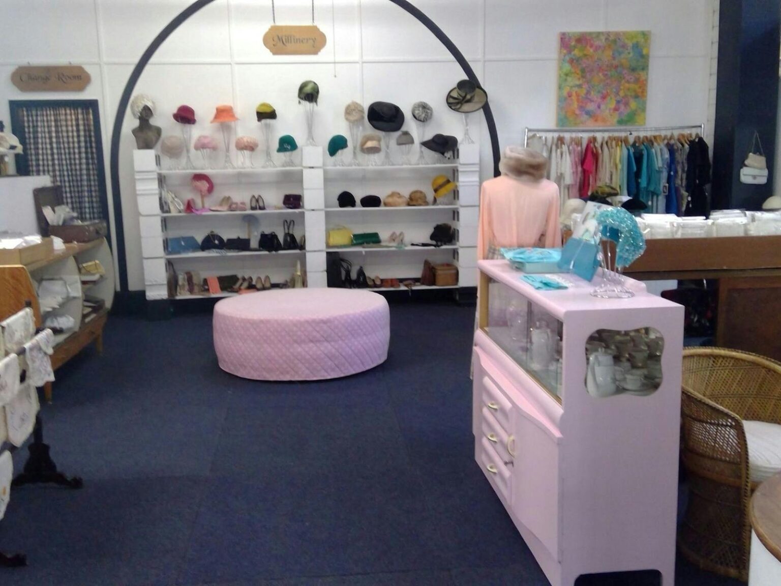 Interior of a vintage store with clothing displays