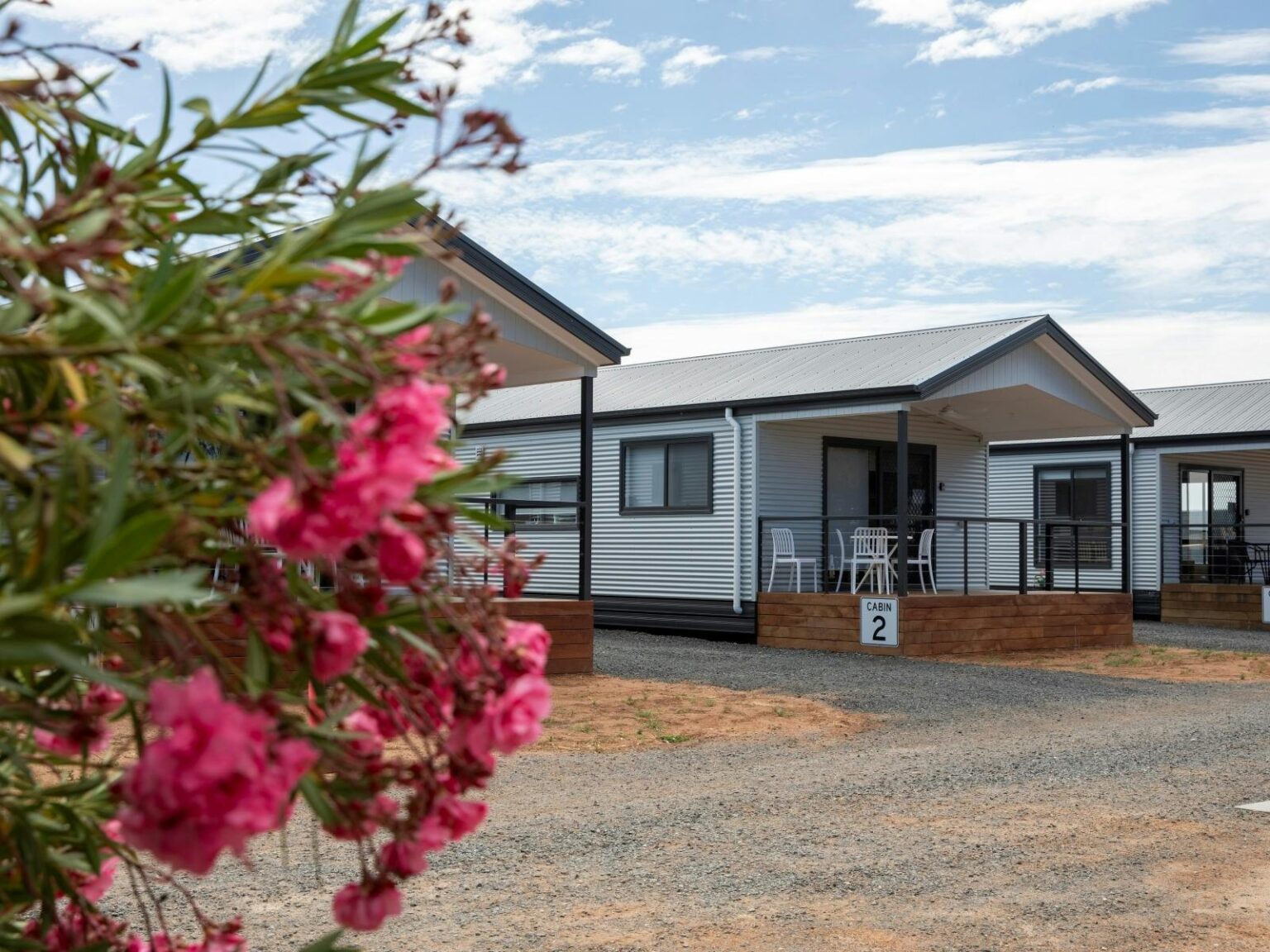 Rainbow Holiday Park Cabins holiday cabins with pink native flowers in foreground