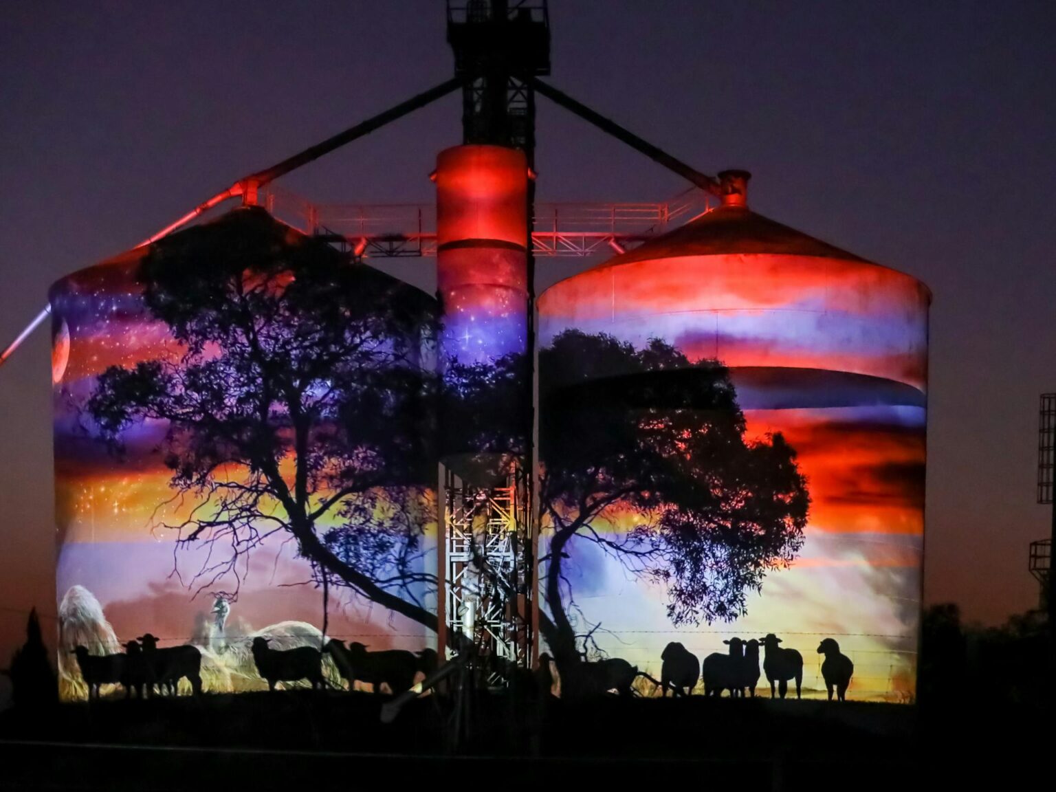 The GrainCorp Silos at Sea Lake Illumination Dont miss the beauty of the outdoor cinema on the GrainCorp Silos at Sea Lake by night