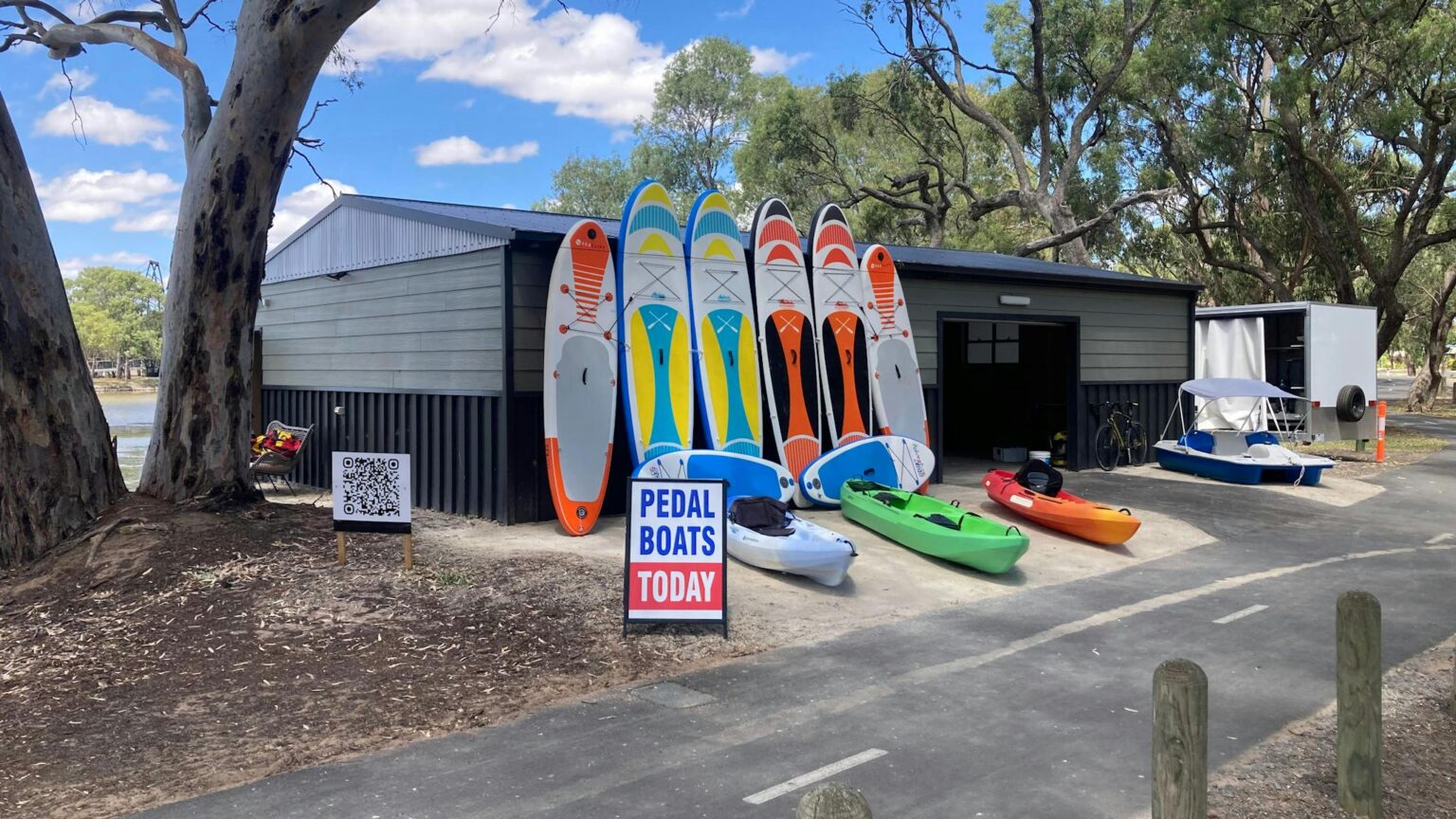 The boat house with water equipment at the front