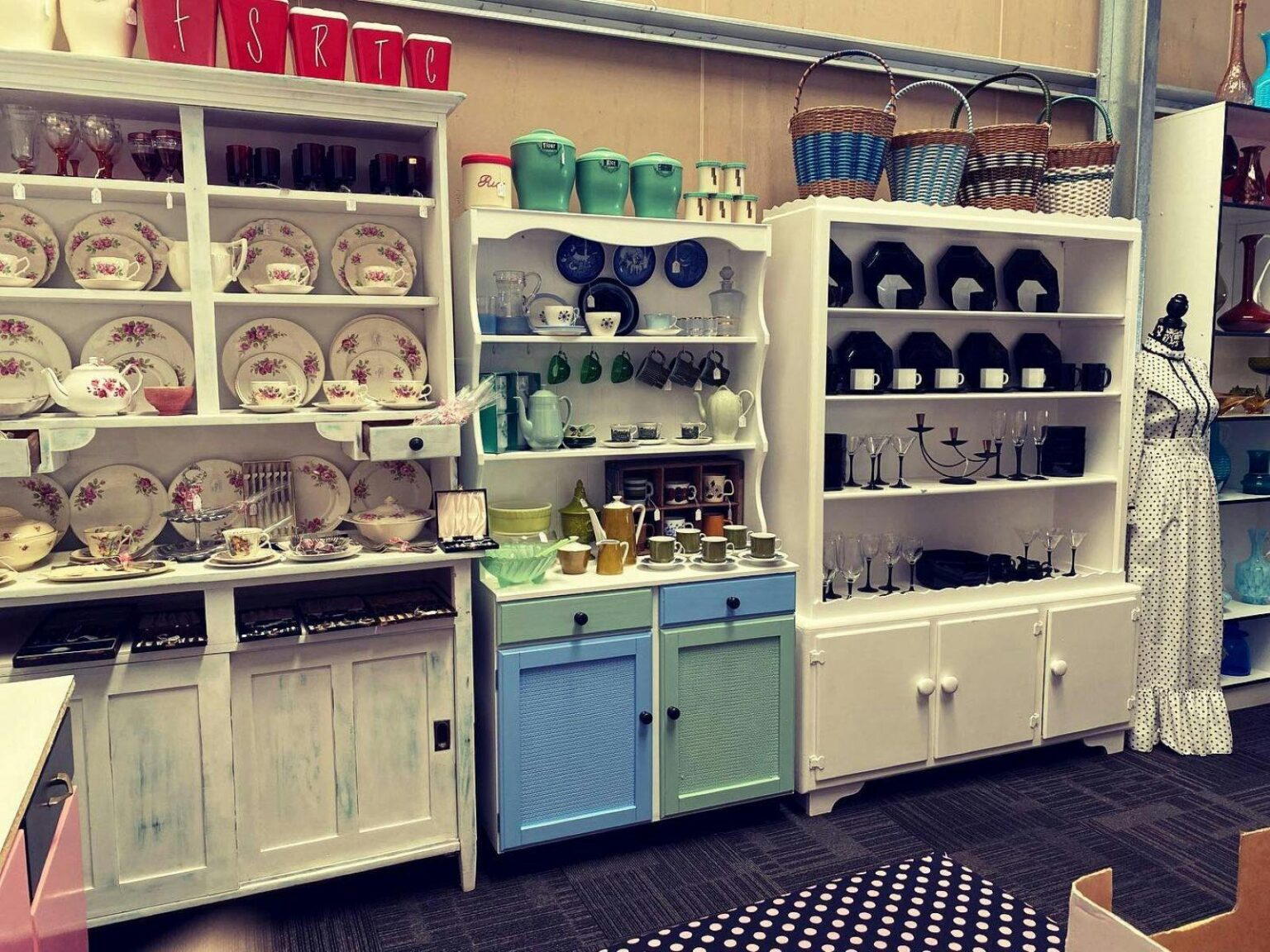 Three cabinets of vintage and retro china