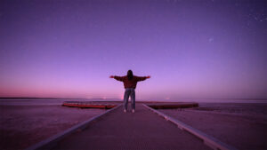 A person standing on a boardwalk at Lake Tyrrell under a bright pink sky