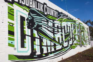 A mural of the word Dimboola painted con a street wall by local creative Travis Price.