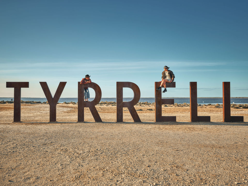 The word TYRRELL in large letters across Lake Tyrrell Victoria
