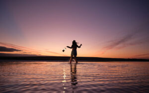 Person walking on Lake Tyrrell (Pink Lake) at Sea Lake Victoria
