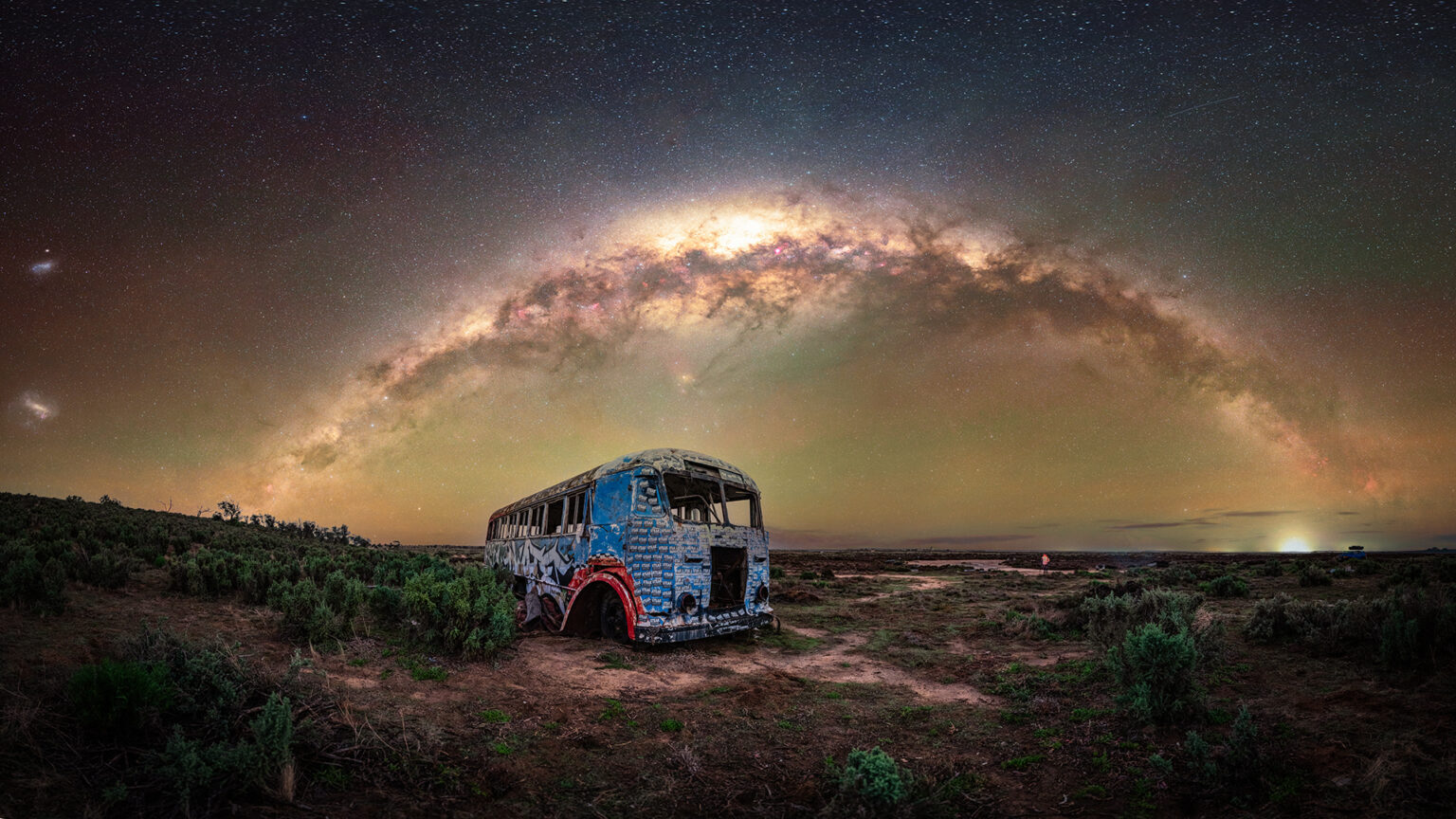 Dark Sky Experiences -A bus at night at Lake Tyrrell with the Milky Way
