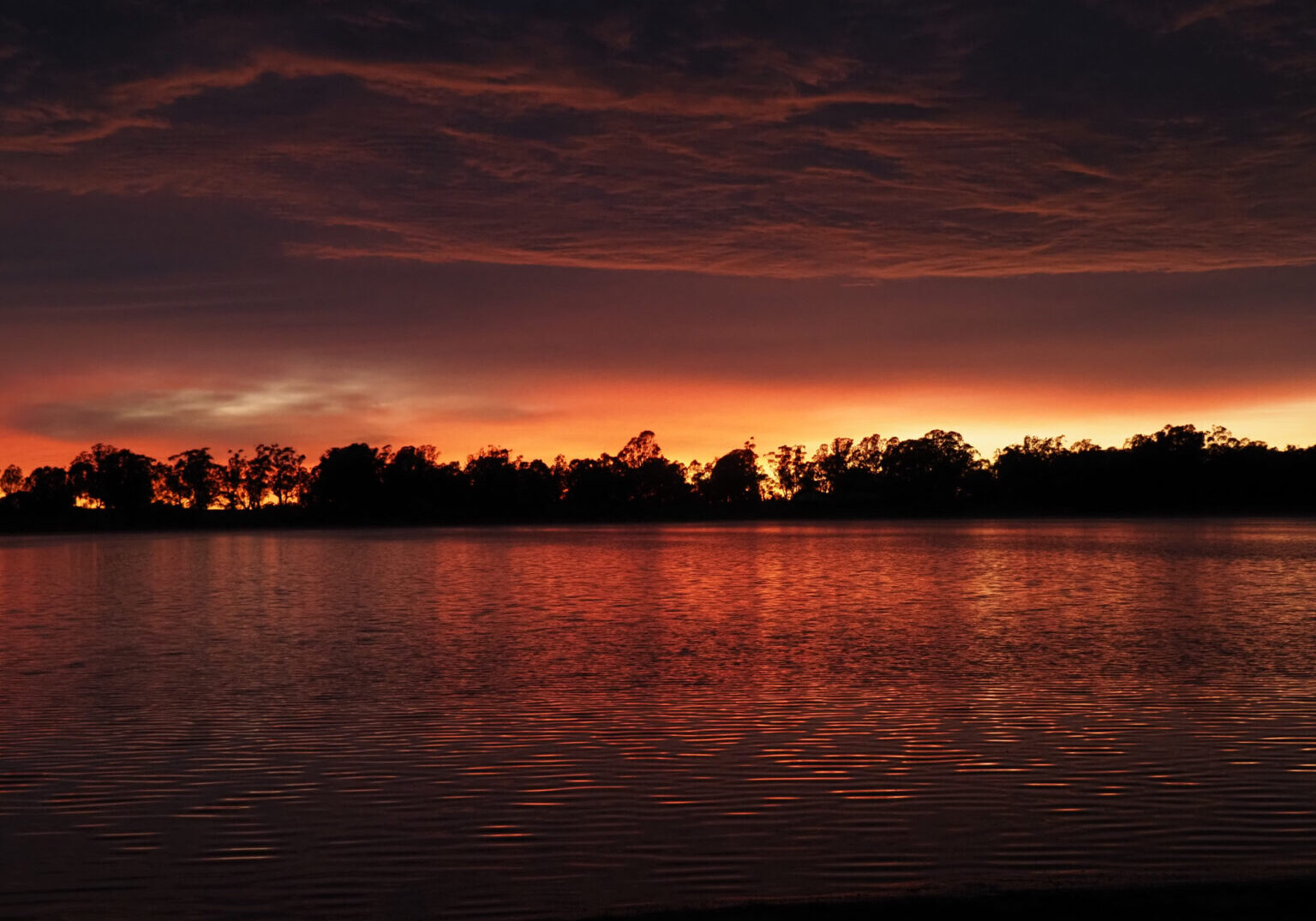 Photo of sunset over a lake with trees reflected on the surface