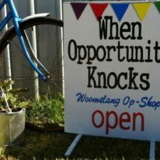 Sign out front of 'open' Woomelang Op Shop