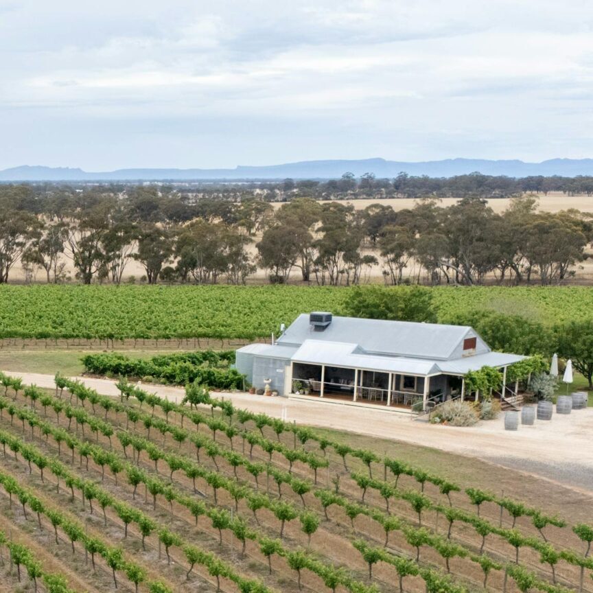 Aerial View of a winery and cellar door building