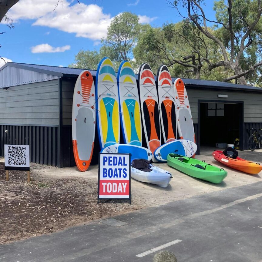 The boat house with water equipment at the front