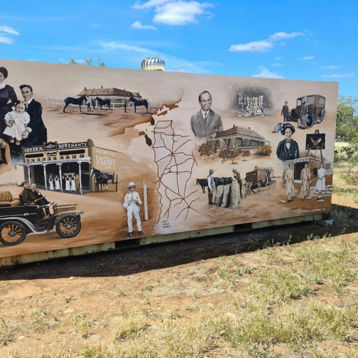 Detailed historical mural at Yunruga Homestead