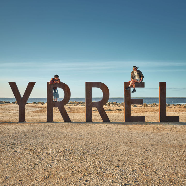 The word TYRRELL in large letters across Lake Tyrrell Victoria