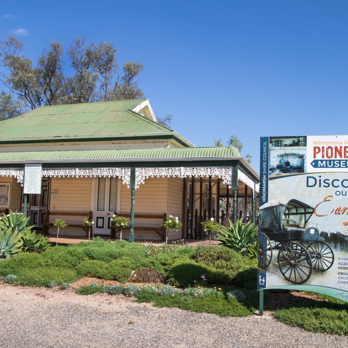 Wimmera Mallee Pioneer Museum front entrance. Homestead with garden and interpretive signs