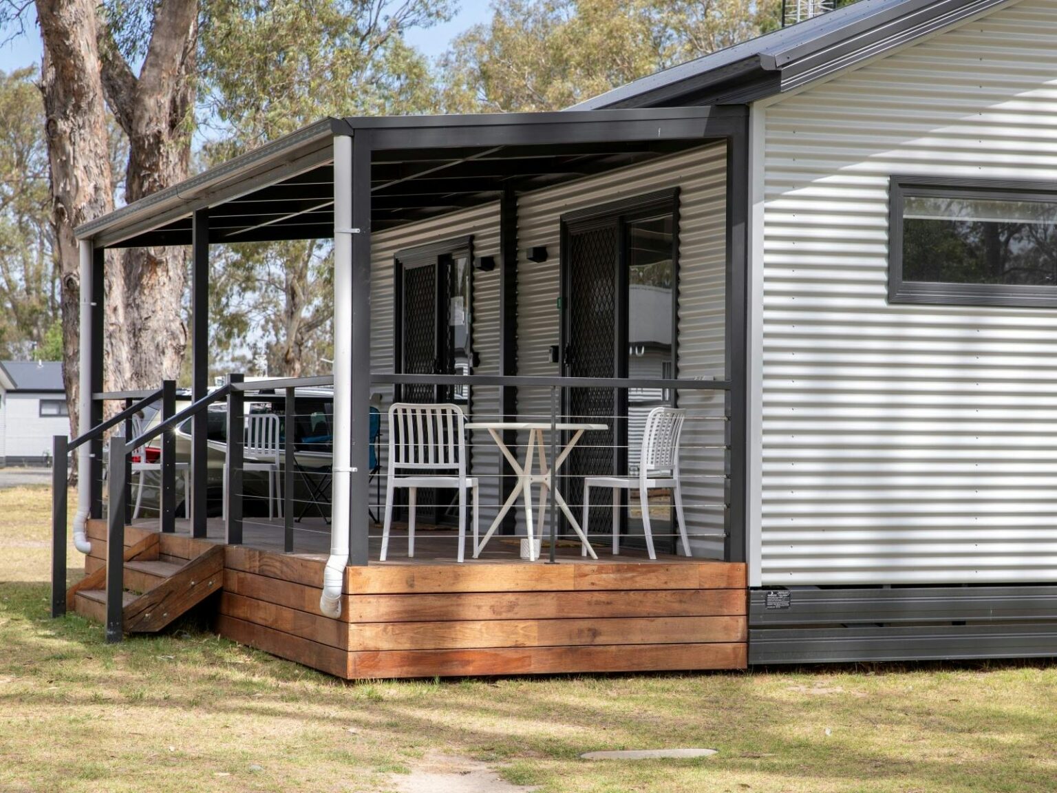 Riverside holiday Park Cabins external of cabin and deck