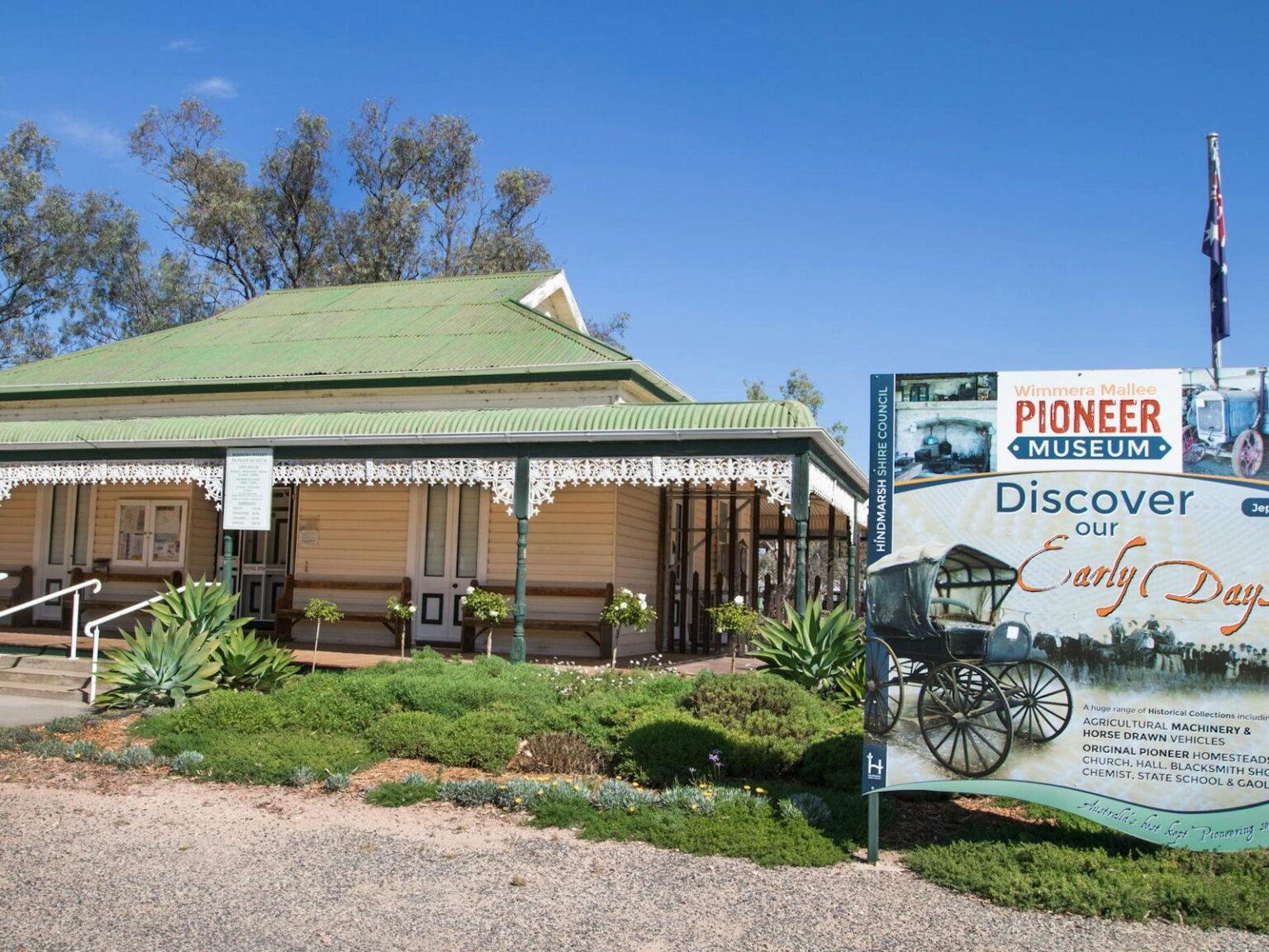 Wimmera Mallee Pioneer Museum front entrance. Homestead with garden and interpretive signs