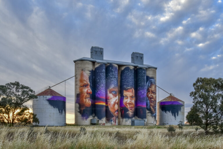 A painted grain silo in an Australian Country Town.